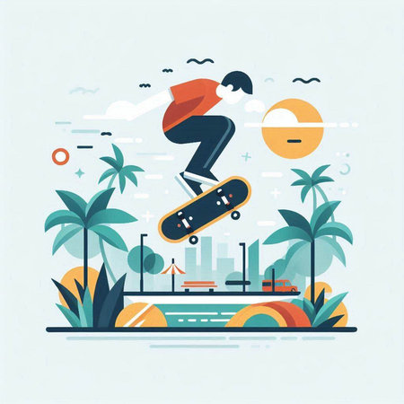 Skateboarder riding on the ramp. Flat style vector illustration.のイラスト素材