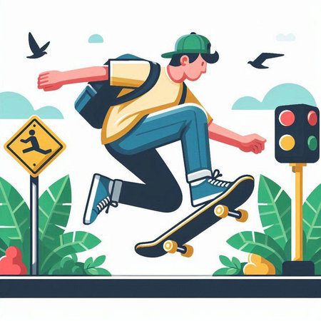 Skateboarder jumping on the road. Vector illustration in flat styleのイラスト素材