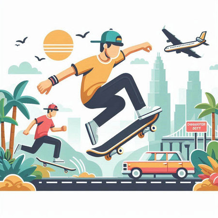 Skateboarder in action on the road. Vector illustration.のイラスト素材