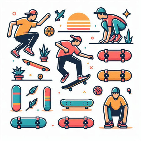 Skateboarder and skateboarder sport flat icons set isolated vector illustrationのイラスト素材