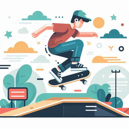 Skateboarder riding on skateboard in park. Vector illustrationのイラスト素材