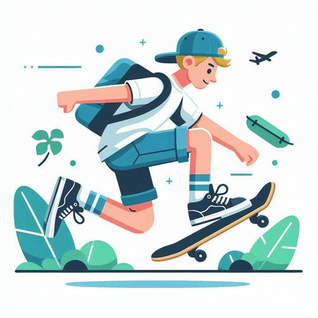 Skateboarder with skateboard. Vector illustration in cartoon styleのイラスト素材