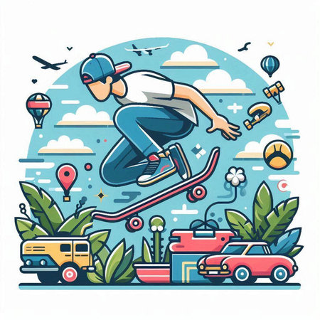 Vector illustration of a skateboarder riding a skateboard in the park.のイラスト素材