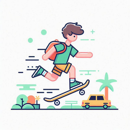 Skateboarder on the road. Vector illustration in flat styleのイラスト素材