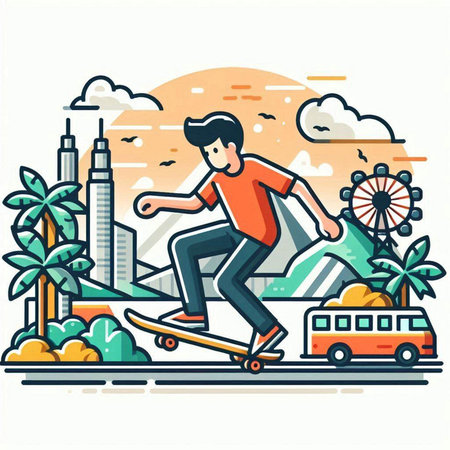 Skateboarder riding on the road. Vector illustration in flat styleのイラスト素材