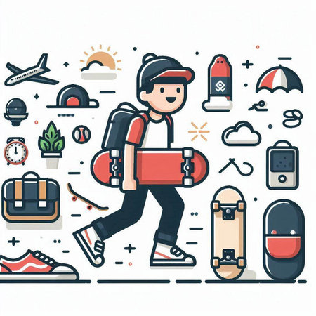Vector illustration of man with backpack and skateboard on white background.のイラスト素材