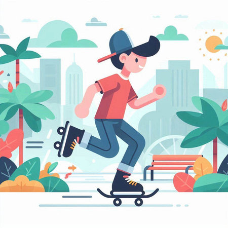 Man riding skateboard in the park. Vector illustration in flat styleのイラスト素材