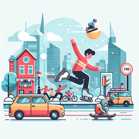 People riding on skateboards in the city. Flat vector illustration.のイラスト素材