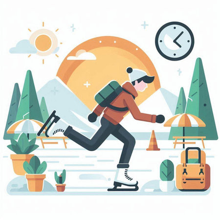 Hiking vector illustration. Man with backpack and snowboard on the road. Flat style design.のイラスト素材