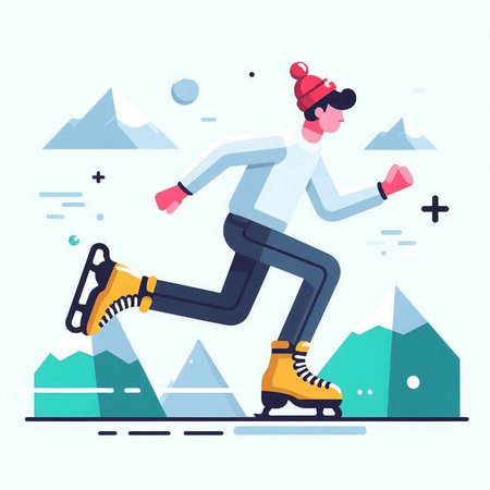 Vector illustration of a man skating in the mountains. Flat style design.のイラスト素材