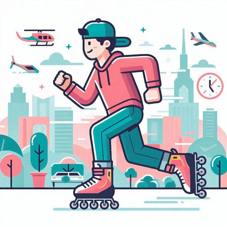 Man on roller skates in the city. Vector illustration in flat styleのイラスト素材