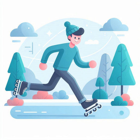 Man skating on the ice in the park. Flat vector illustration.のイラスト素材