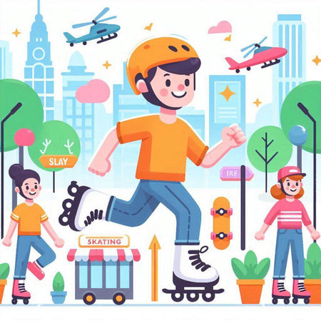 Boy riding roller skates on city park. Vector flat cartoon illustrationのイラスト素材