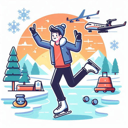 Vector illustration of happy girl skating on ice rink with airplane in the backgroundのイラスト素材
