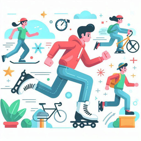 Vector illustration of a young man and woman on roller skates and bicycles.のイラスト素材