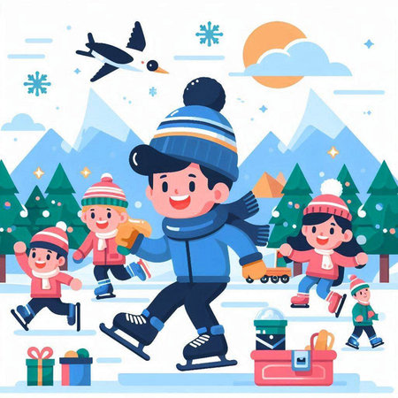 Children playing ice skating in the park. Vector illustration in flat styleのイラスト素材