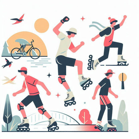 Set of flat vector illustrations of people on roller skates, skateboarding, riding bicycles, skateboarding.のイラスト素材