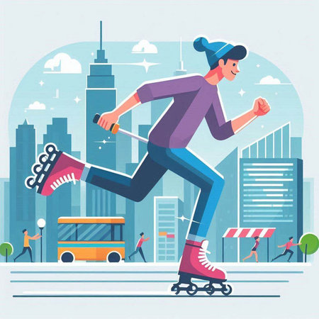 Roller skating on the city street. Flat style vector illustration.のイラスト素材