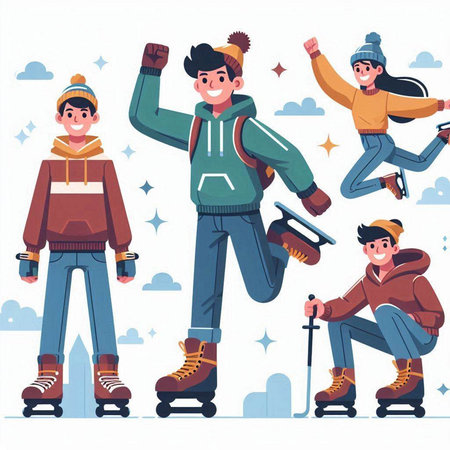 Vector illustration of happy skaters and snowboarders on ice rink.のイラスト素材