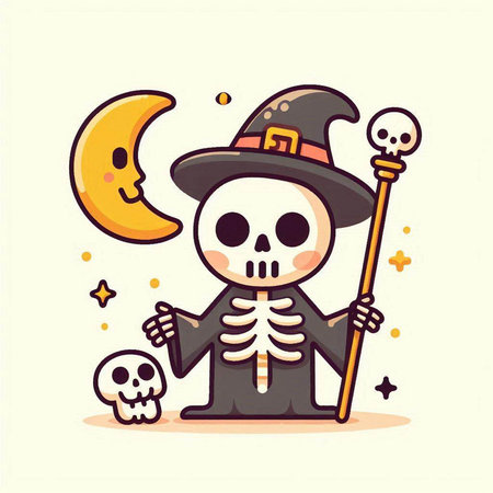 Halloween vector illustration. Cute cartoon skeleton holding magic wand.のイラスト素材