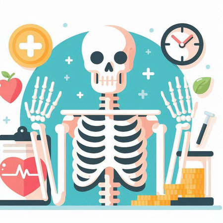 Human skeleton and medical icons. Vector illustration in flat design style.のイラスト素材