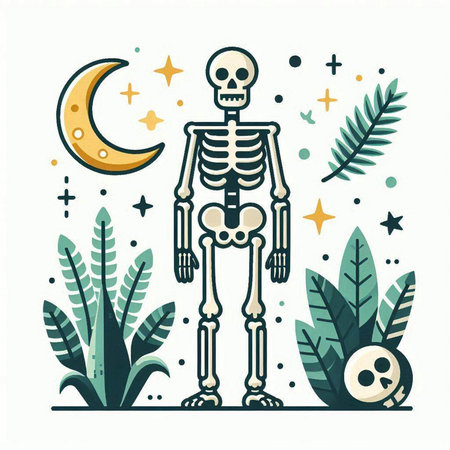 Vector illustration of skeleton with skull and moon in flat style. Halloween background.のイラスト素材