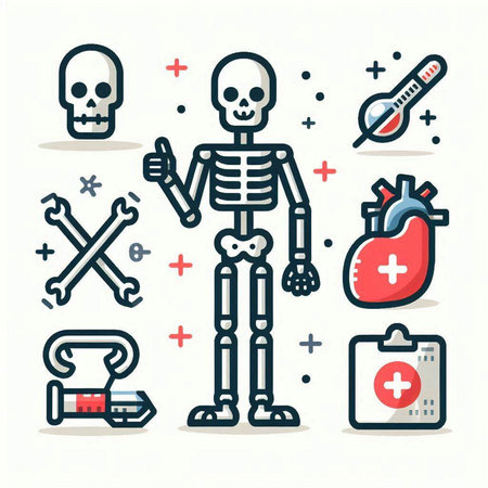Vector illustration of a skeleton with a set of medical icons. Flat style.のイラスト素材