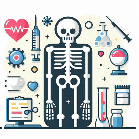 Vector illustration of human skeleton and medical icons. Flat style design.のイラスト素材