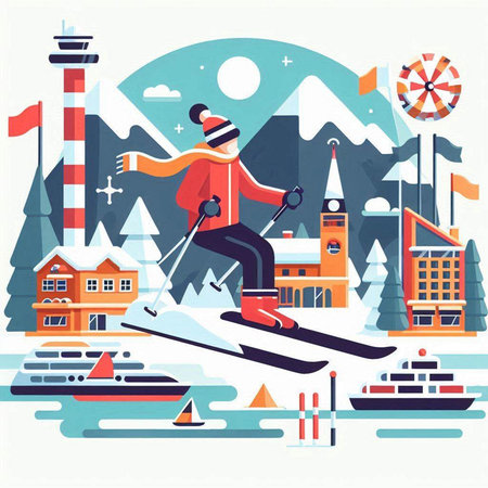 Vector illustration in flat style. Skiing in the mountains. Winter sports.のイラスト素材