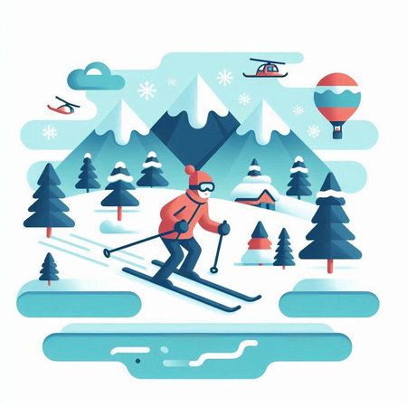 Winter sports. Skiing in the mountains. Flat style vector illustration.のイラスト素材