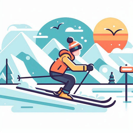 Skiing on the ski slope in the mountains. Vector illustrationのイラスト素材