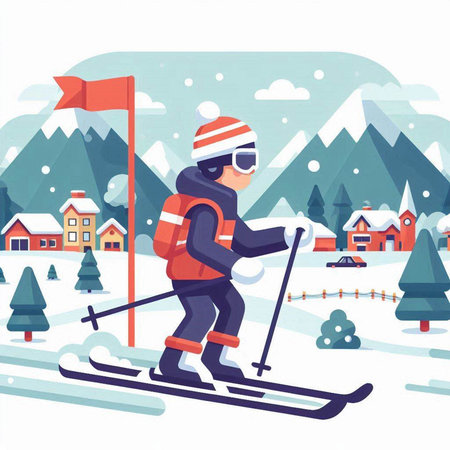Skiing in the mountains. Vector illustration in flat style.のイラスト素材