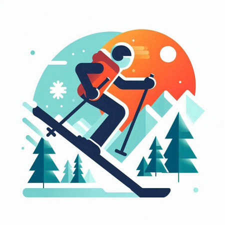 Skiing in the mountains. Vector illustration in flat style.のイラスト素材