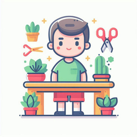 Cute little boy sitting at desk and cutting cactus. Vector flat illustrationのイラスト素材