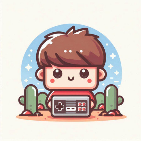 boy playing video game. Cute cartoon character. Vector illustration.のイラスト素材