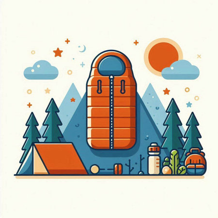 Camping in the mountains. Vector illustration in flat linear style.のイラスト素材