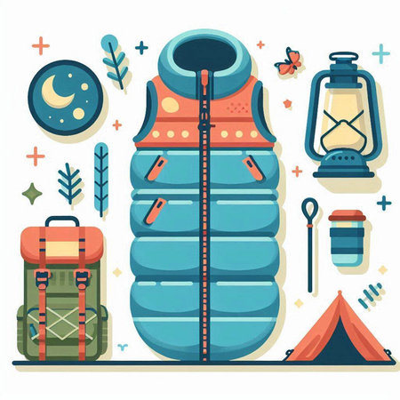 Flat vector illustration of camping equipment. Travel and tourism concept.のイラスト素材
