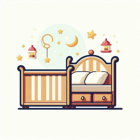 Illustration of a baby bed with toys and stars. Vector illustrationのイラスト素材