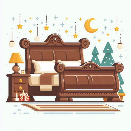 Vector illustration of a cozy bedroom with a bed and a Christmas tree.のイラスト素材