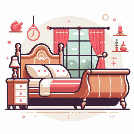 Bedroom interior with furniture. Vector illustration in flat cartoon style.のイラスト素材