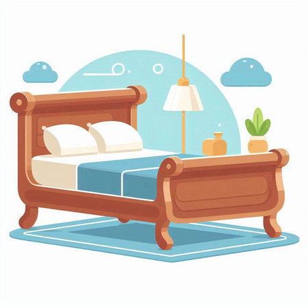 Vector illustration of a wooden double bed with pillows and a lamp.のイラスト素材