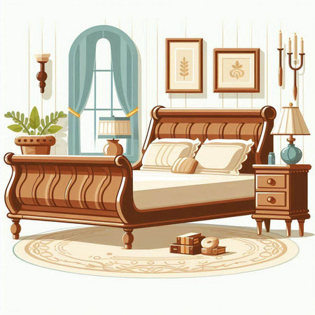 Vector illustration of a bedroom interior with a bed and a lamp.のイラスト素材