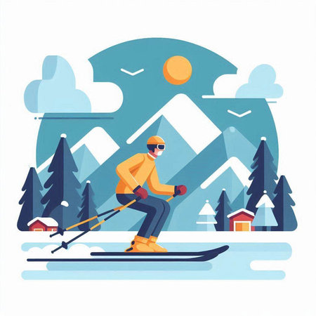 Skier skiing in mountains flat vector illustration. Cartoon skier on ski slope. Winter sport concept.のイラスト素材
