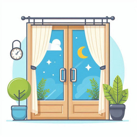 Vector illustration of a window with curtains, moon, clouds and plantsのイラスト素材