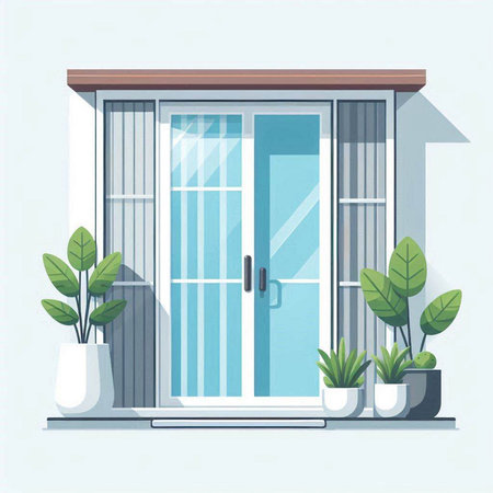 Vector illustration of a window in a flat style with plants and plantsのイラスト素材
