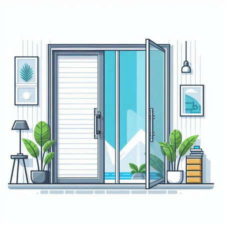 Modern interior of living room with window and plants. Vector illustration.のイラスト素材