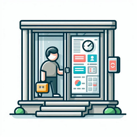 Illustration of a courier in front of the door of a post officeのイラスト素材