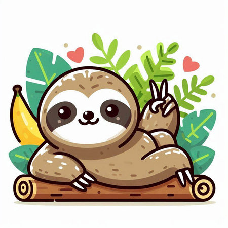 Cute cartoon sloth sitting on a log and showing peace signのイラスト素材