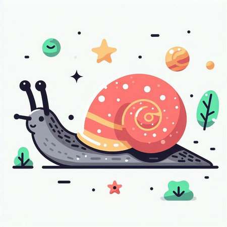 Snail vector illustration. Cute cartoon snail on a background of stars and planets.のイラスト素材