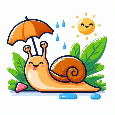 Cute cartoon snail on the beach with umbrella. Vector illustration.のイラスト素材